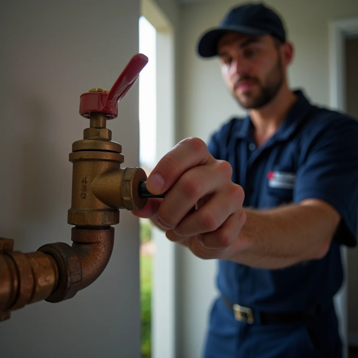 Water shut-off valve being closed during a burst pipe emergency in a Rialto home