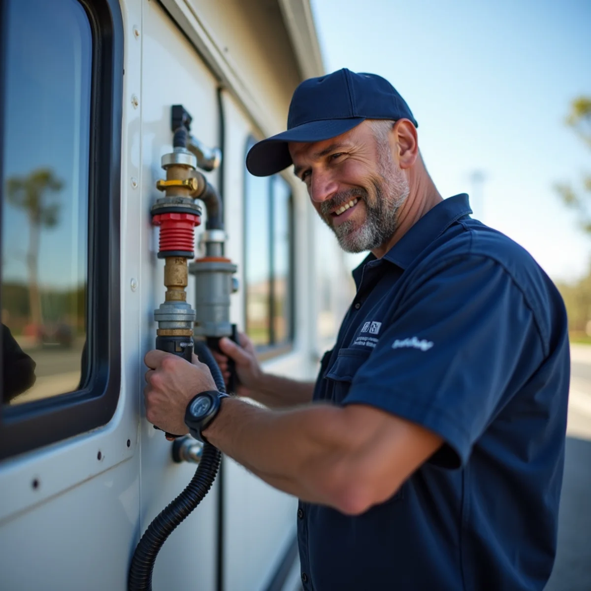Commercial plumber servicing a backflow device at an Inland Empire property