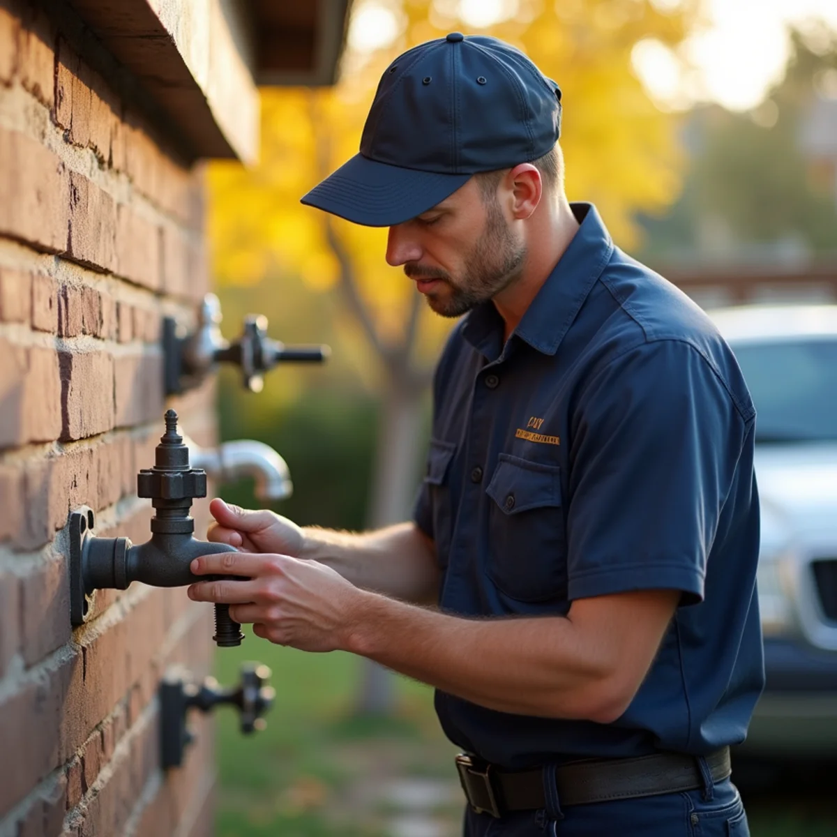 Homeowner checking outdoor plumbing during fall maintenance in Rialto, CA