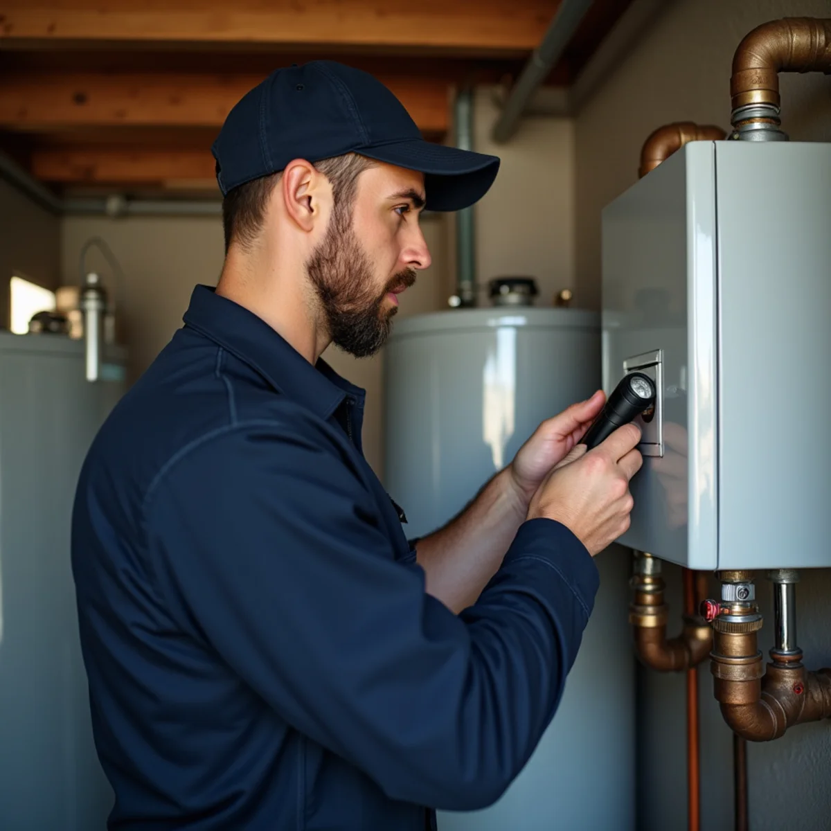 Homeowner checking a water heater with no hot water in a Rialto garage