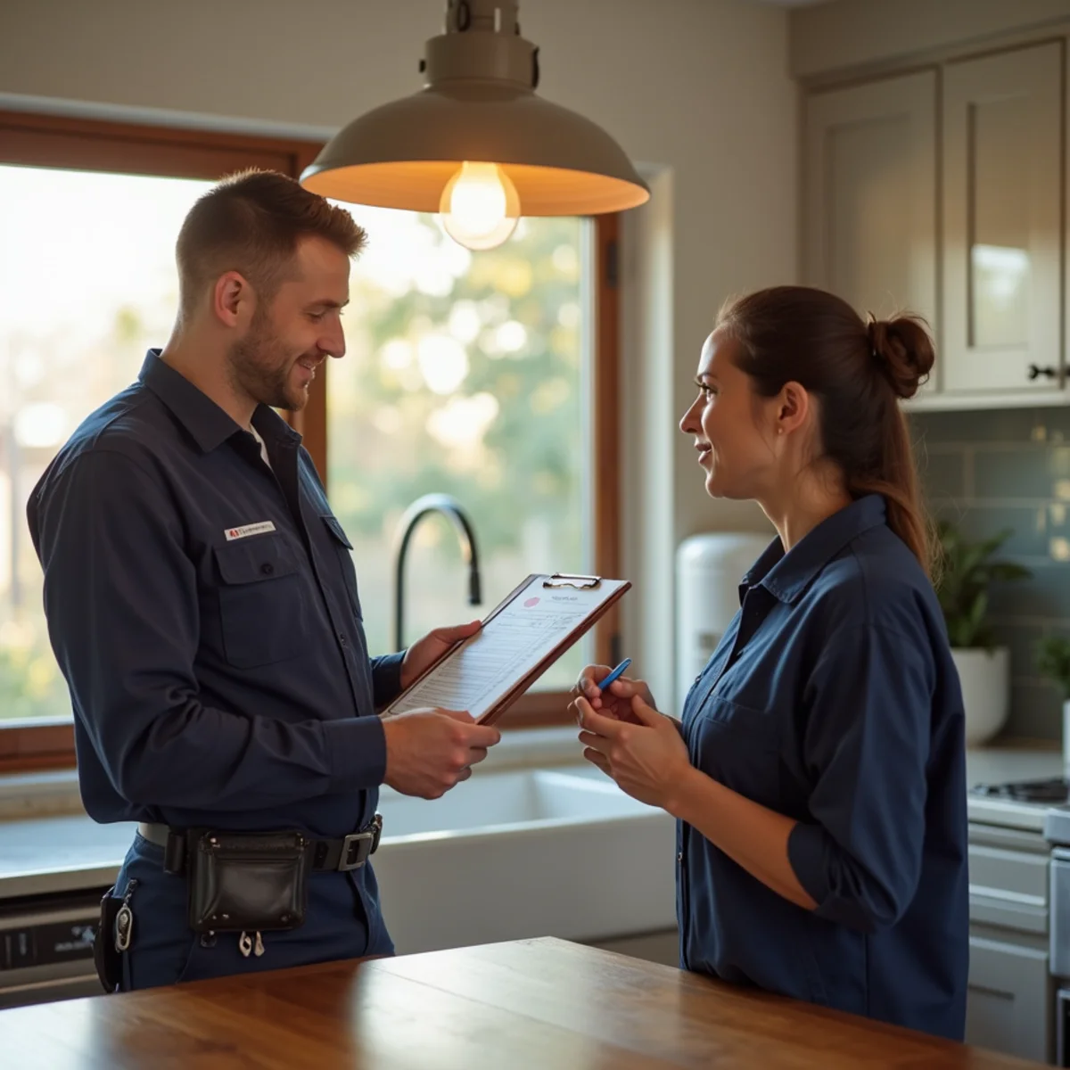 Plumber reviewing a written estimate with a homeowner in Rialto, CA