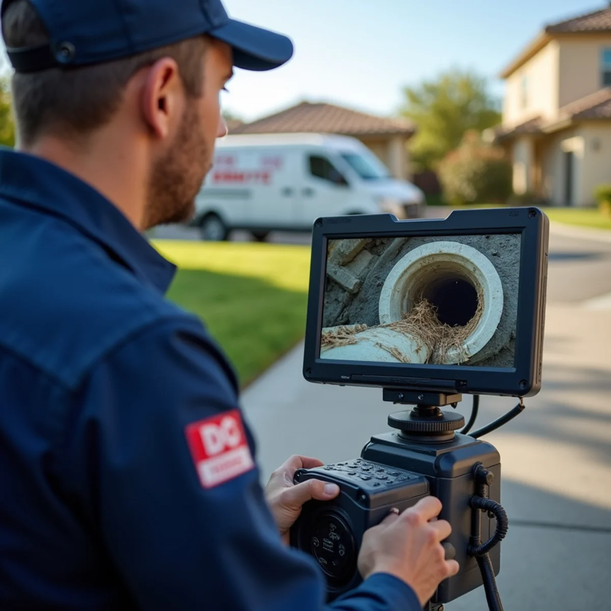 Plumber reviewing sewer camera footage of a failing line in Rialto, CA