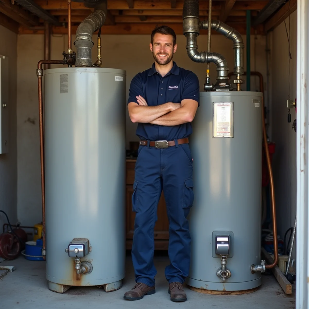 New and old water heaters side by side in a Rialto, CA garage