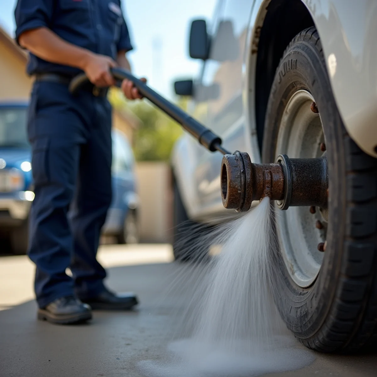 Hydro jetting nozzle clearing buildup from a drain line in Rialto, CA