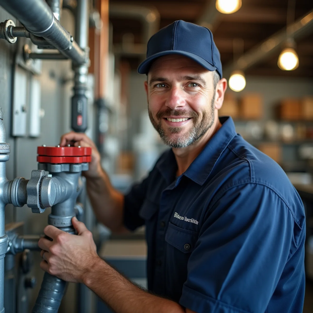 Commercial plumber servicing piping in a Rialto, CA business