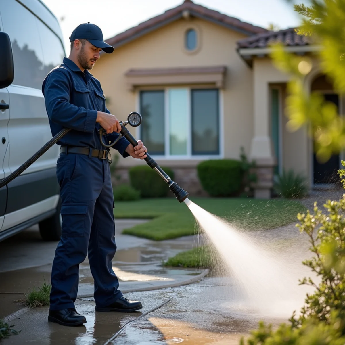 Plumber hydro jetting a clogged drain line at a Rialto, CA home