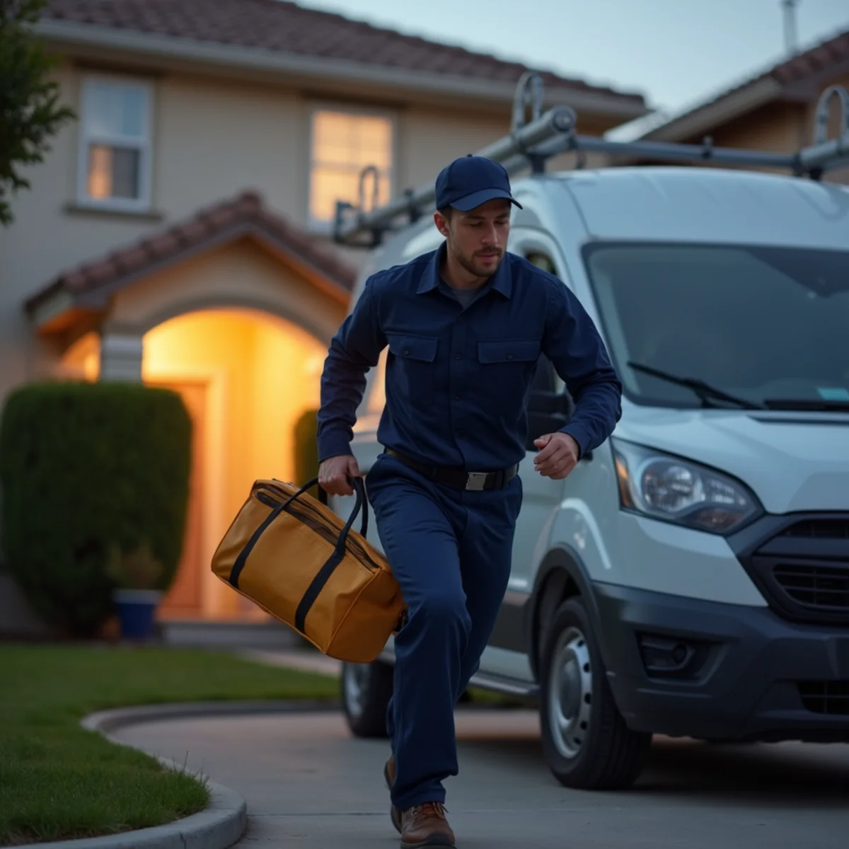 Emergency plumber responding to a burst pipe in a Rialto, CA home at night