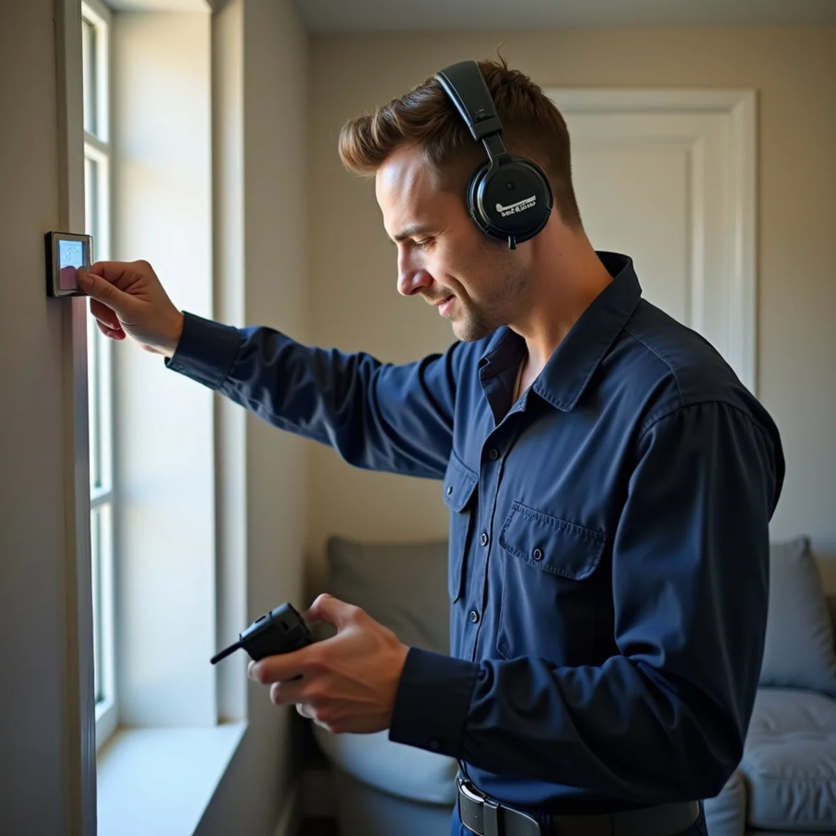 Plumber using electronic leak detection equipment in a Rialto, CA home