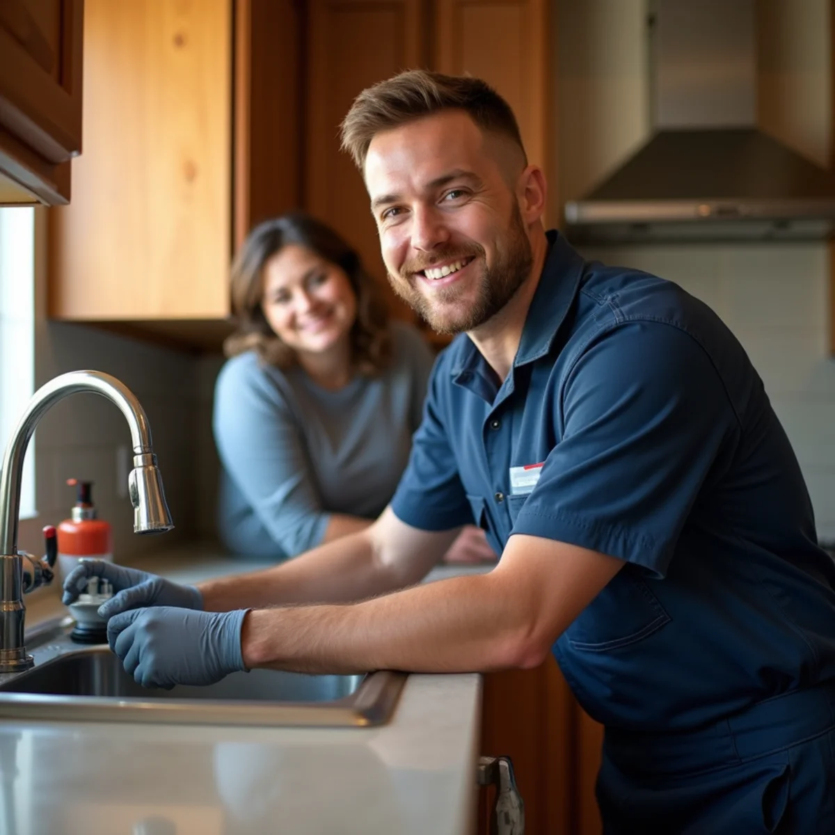 Friendly residential plumber working under a kitchen sink in a Rialto, CA home