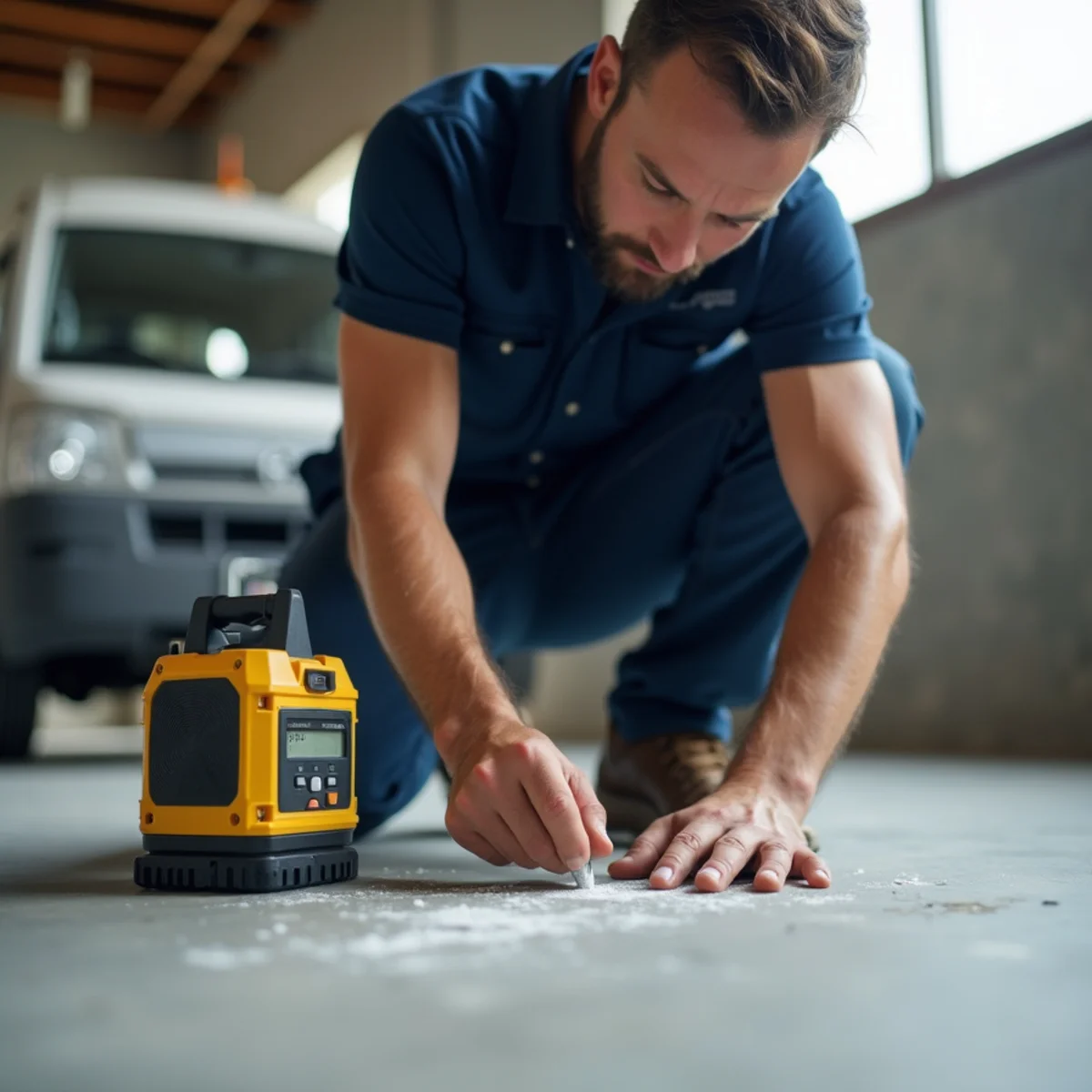 Plumber locating a slab leak under a concrete floor in a Rialto, CA home