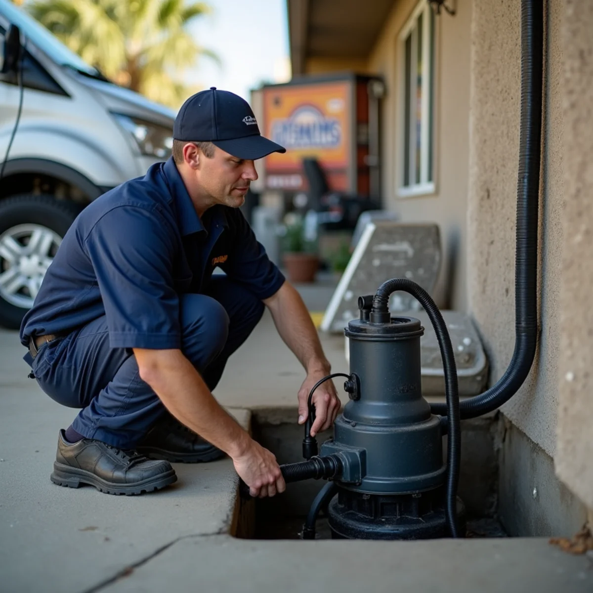 Plumber installing a sump pump to protect a Rialto, CA home from flooding