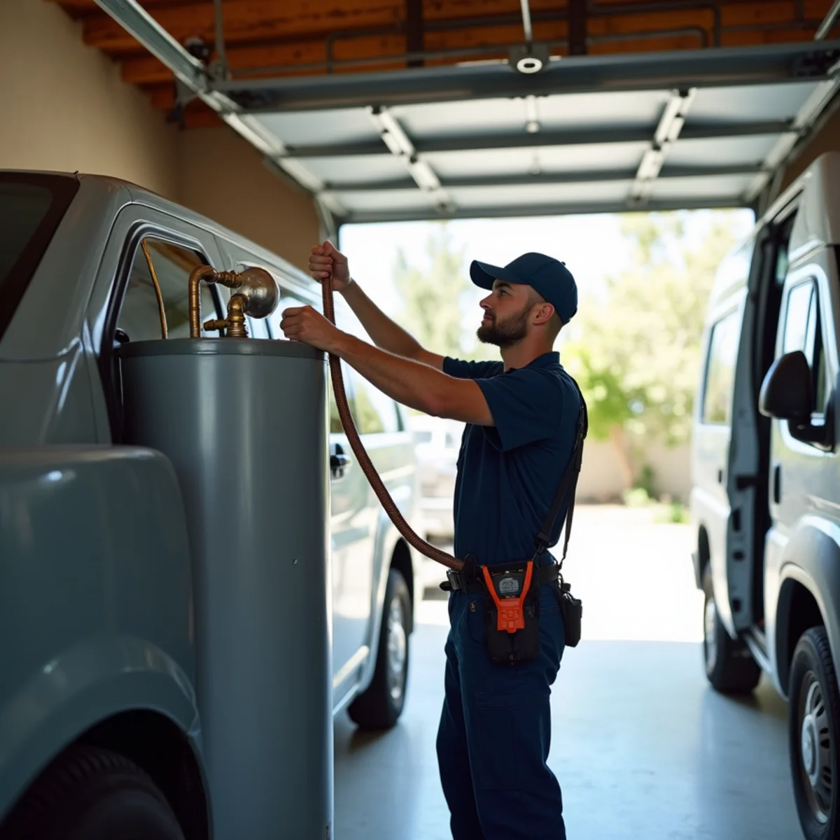 Rialto plumber installing a new water heater with seismic strapping in a garage